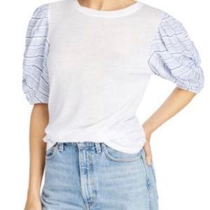 Rebecca Taylor Solid and Stripe Puff Sleeve Top L